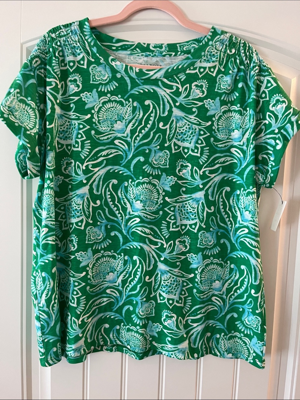 Talbots Green Floral Short-Sleeve Tee with Smocked Shoulders